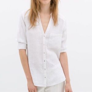 Zara Basics White Linen Button Up Blouse